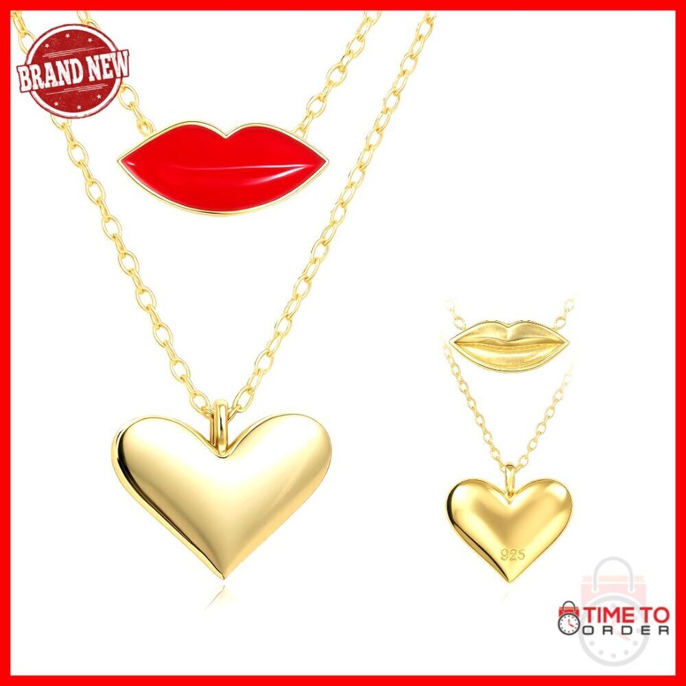 Sterling Silver Double Chain Necklace with Lip and Heart Pendant